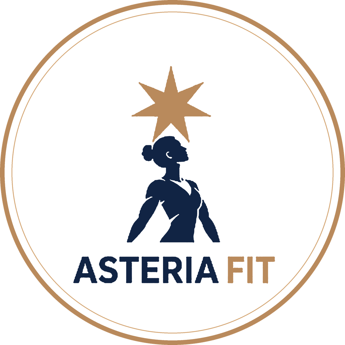 Asteria Fit logo: a navy figure looking up at a copper star, in a round badge